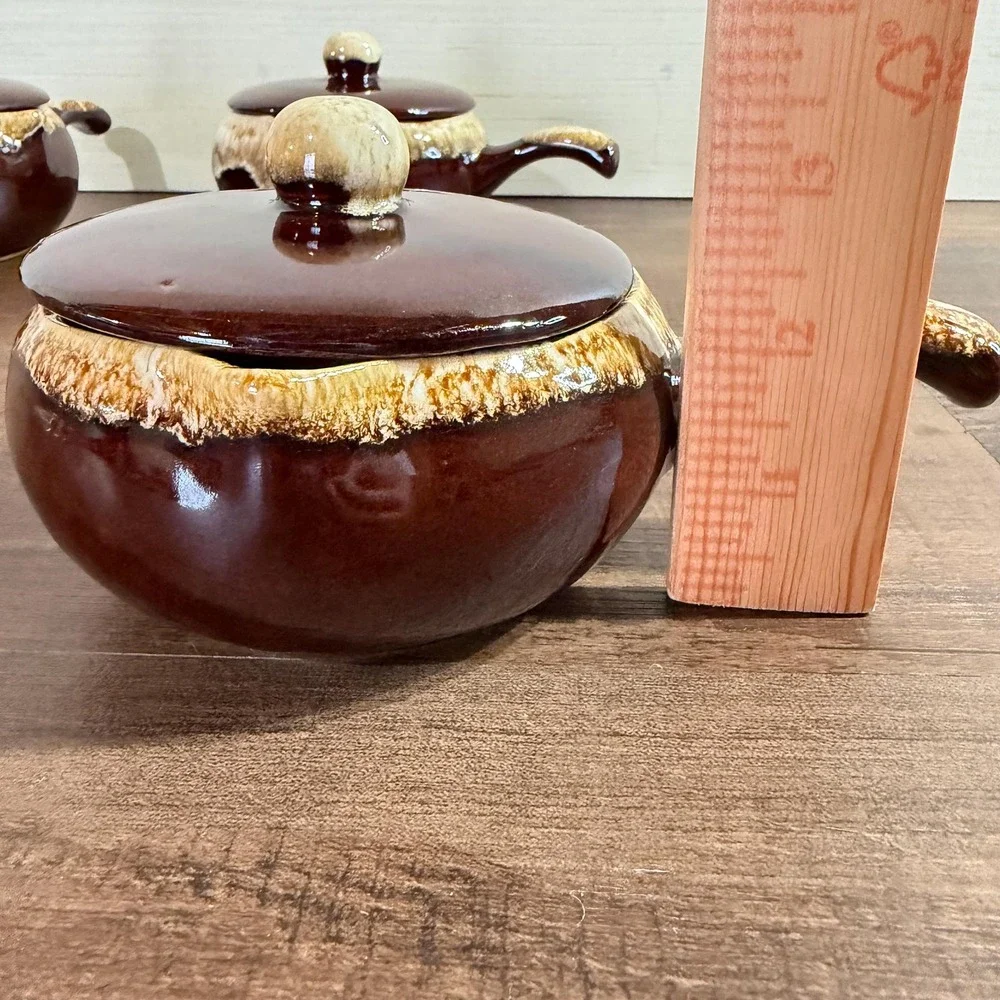 Set of 3 Vintage 70s Brown Drip Glaze French Onion Soup Crocks with Lids
